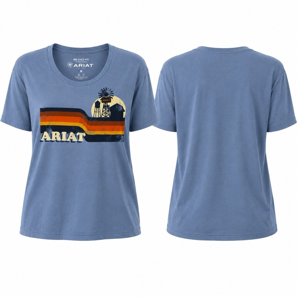 NEW Ariat Women’s Medium Relaxed Fit Acres Graphic T-Shirt Light Blue Heather
